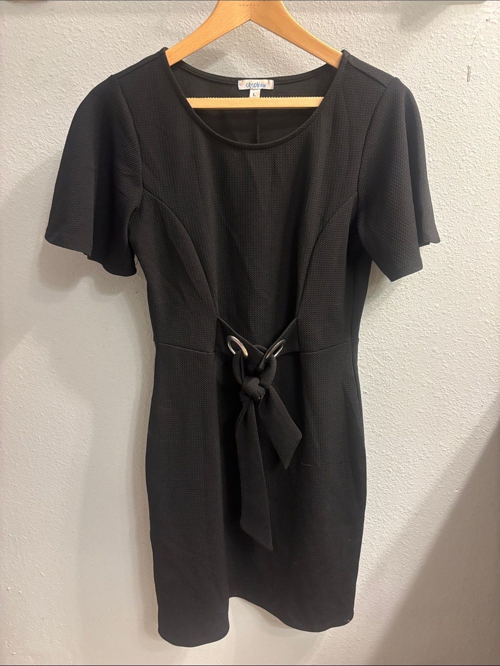 Cocorose Black Short-Sleeve Mini Dress with Front Tie